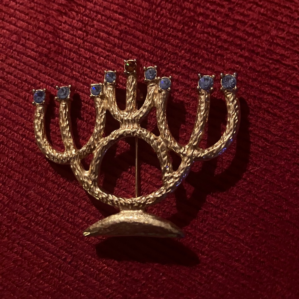 Menorah Brooch w/blue Rhinestones
